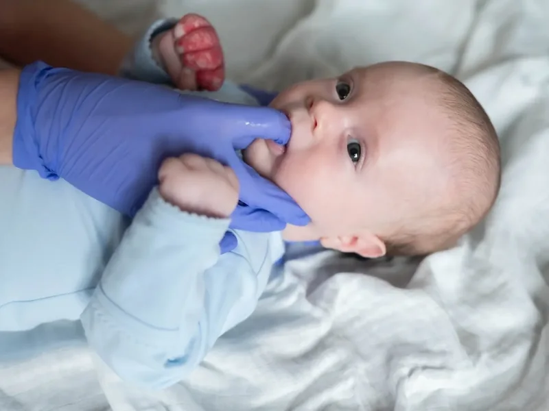 Feeding therapist assessing a newborn for tongue tie