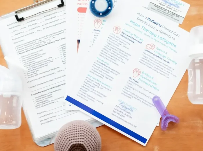 Hope Therapy intake paperwork and oral motor tools